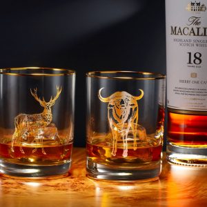 Whiskey 11.5 oz Double Old Fashion with real gold buck and bull 2 pc set