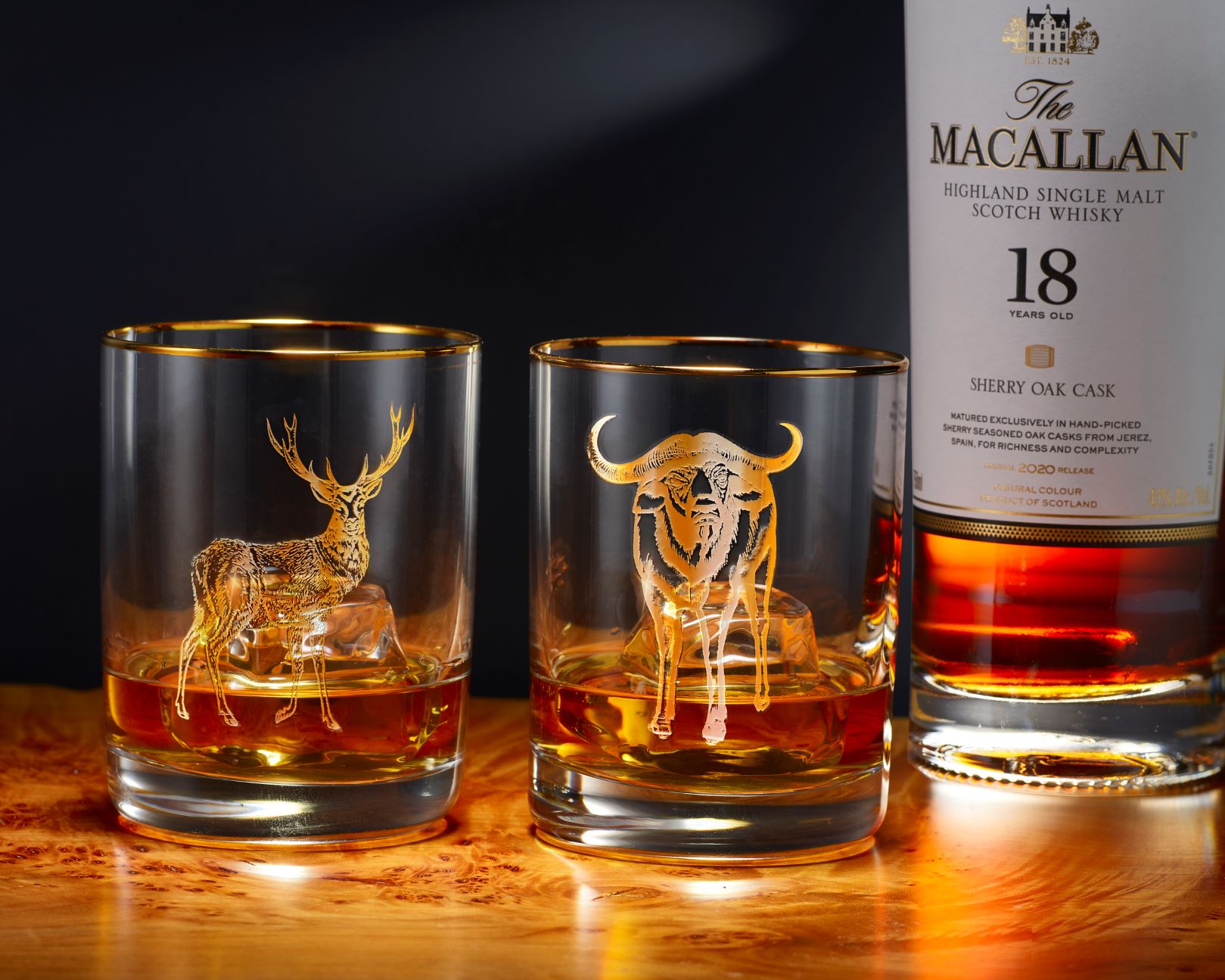 Whiskey 11.5 oz Double Old Fashion with real gold buck and bull 2 pc set
