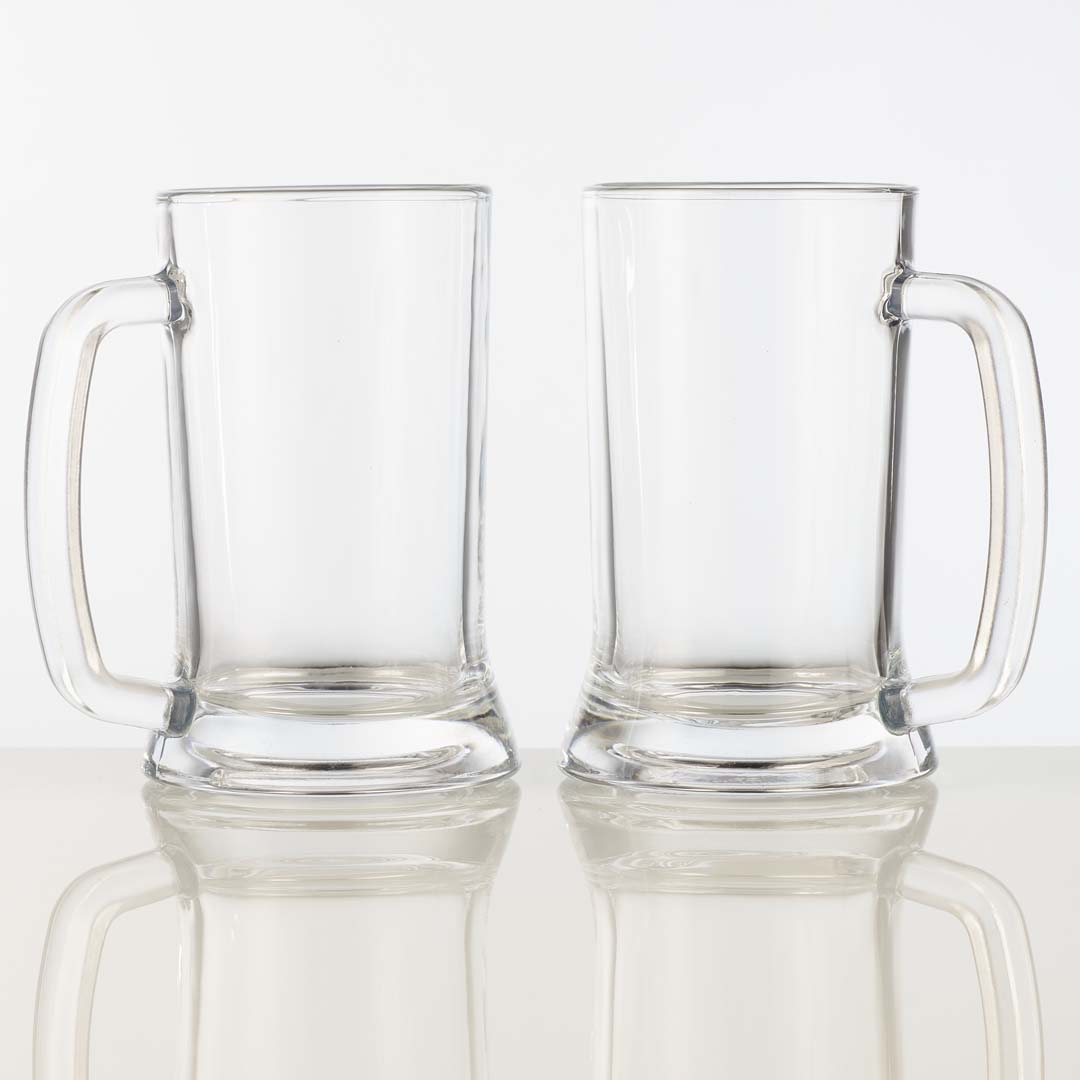 set of 2 16oz freezer safe glass beer mugs.