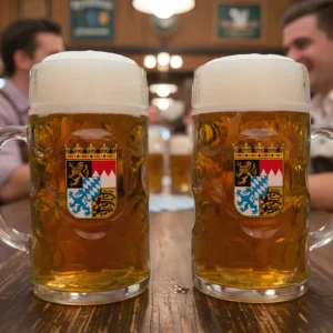 two german glass beer steins on a bar for oktoberfest.