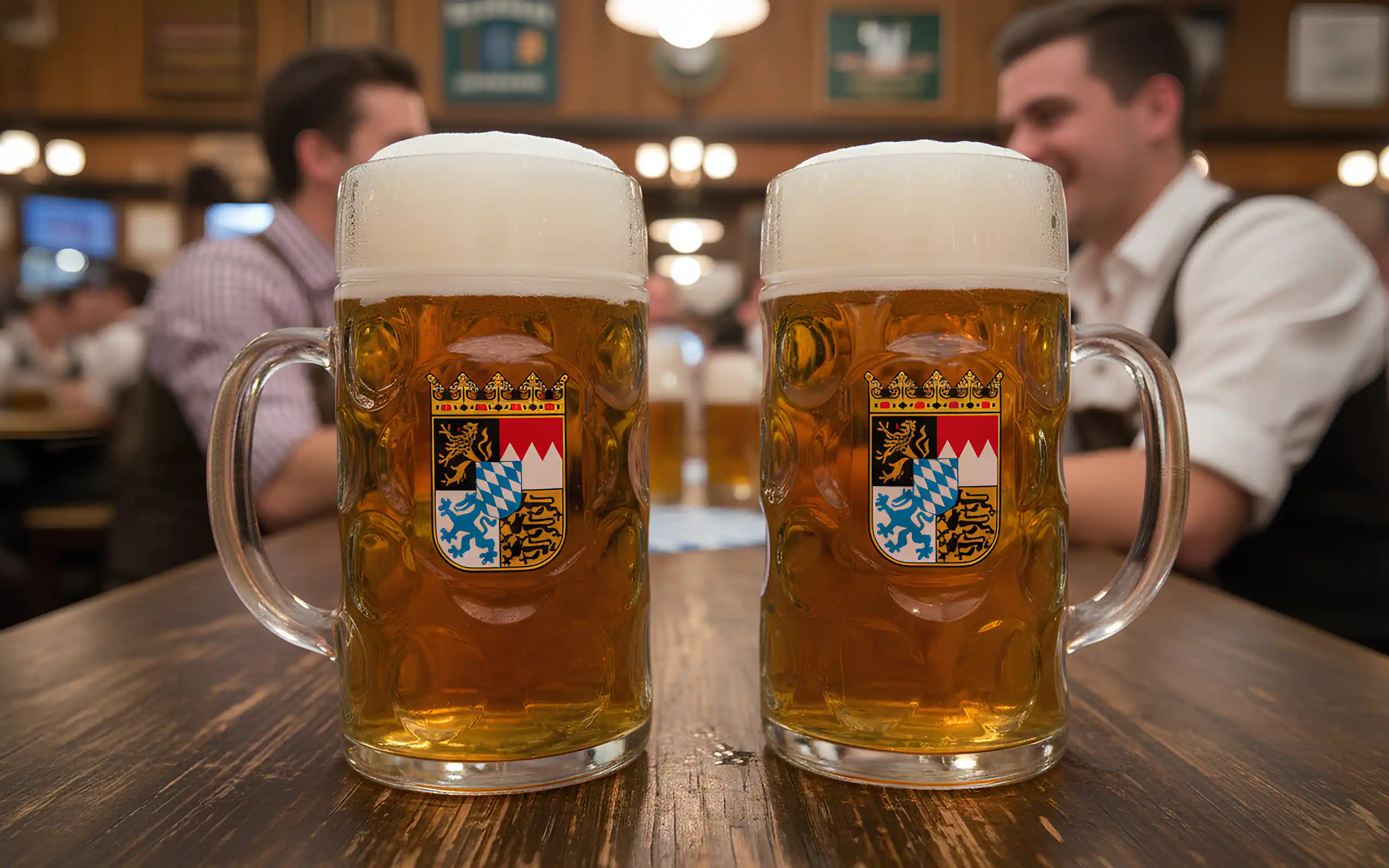two german glass beer steins on a bar for oktoberfest.