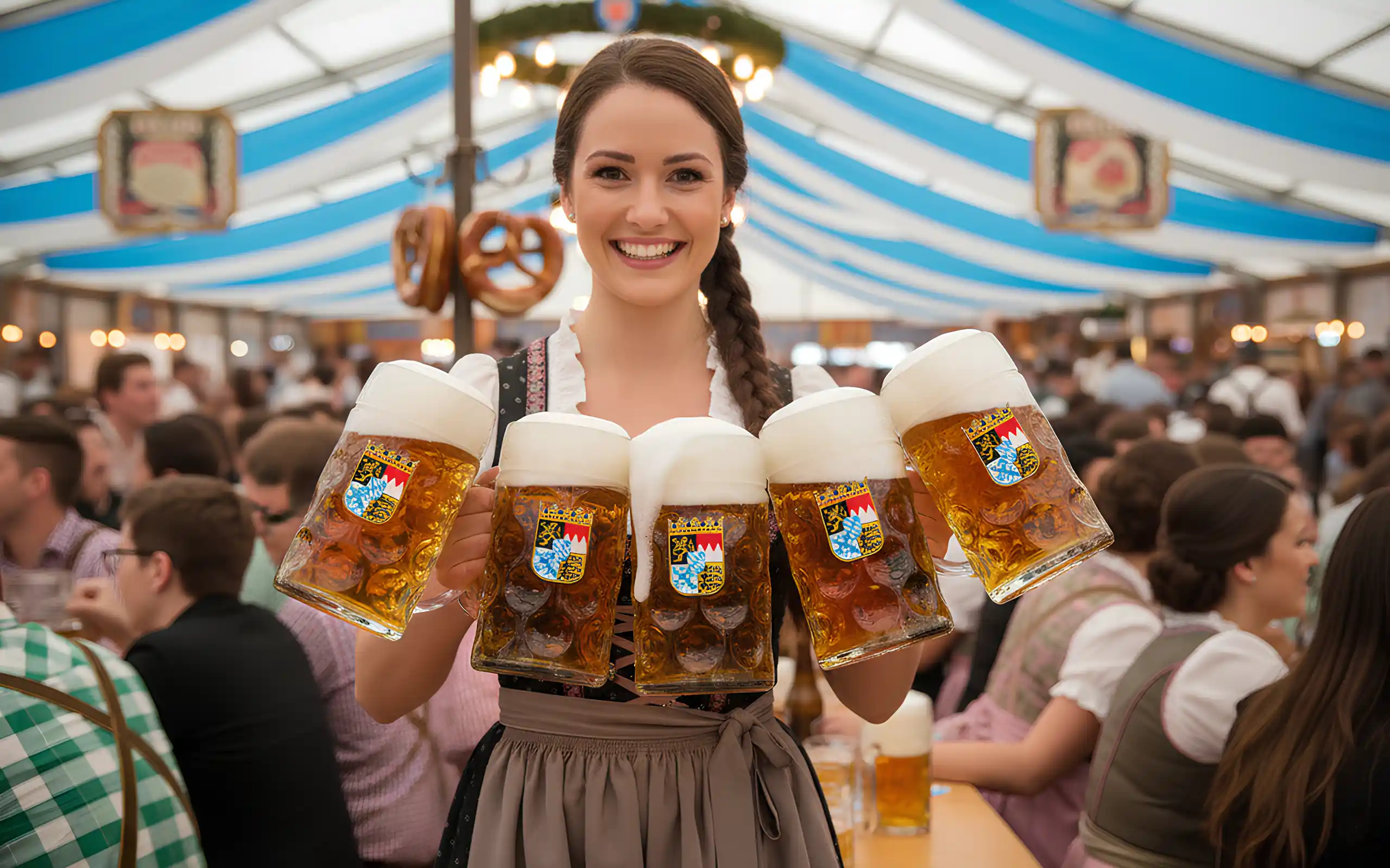 server carrying 1.3L mugs of beer in large dimpled glass german Massrkug beer steins.