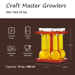7oz-flight-yard-glasses-specs specifications for flight of mini yard glasses 7oz with stand.