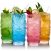4 warrior tiki glasses on a pure white background, each with a tropical beverage.