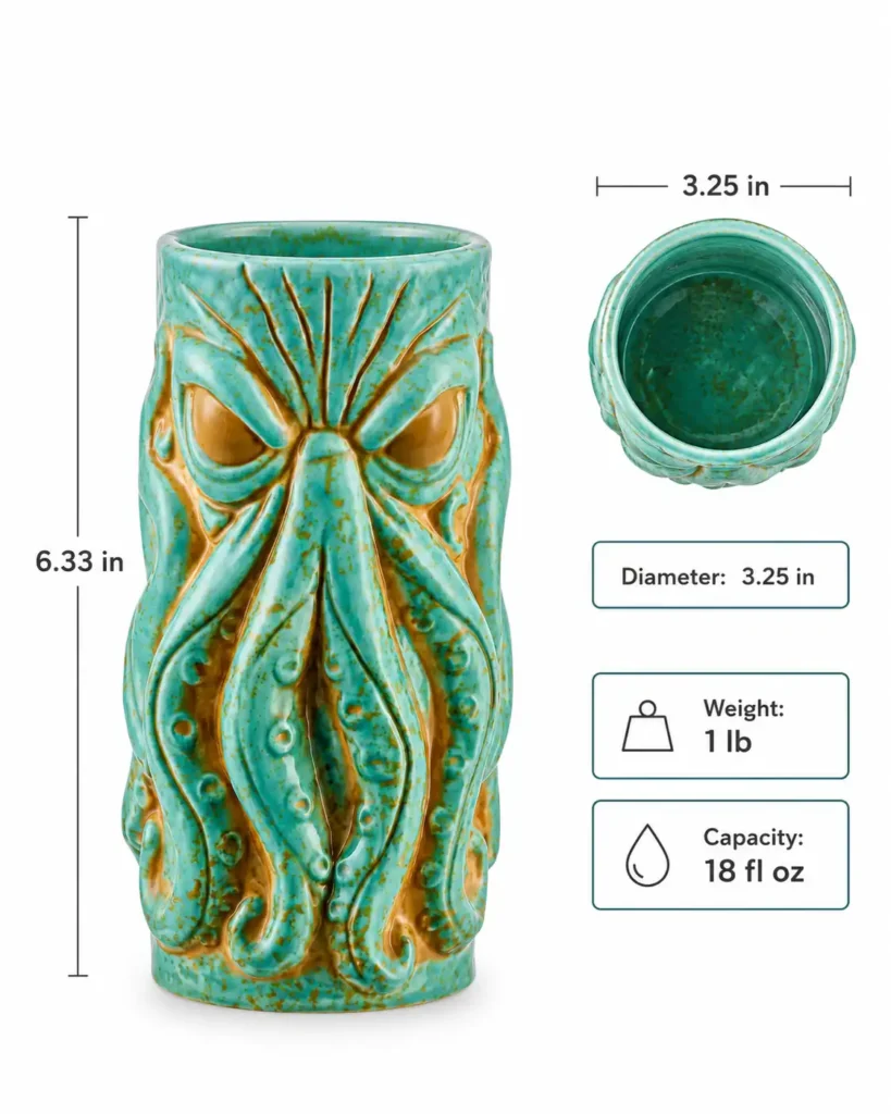Kraken tiki mug technical spec infographic.