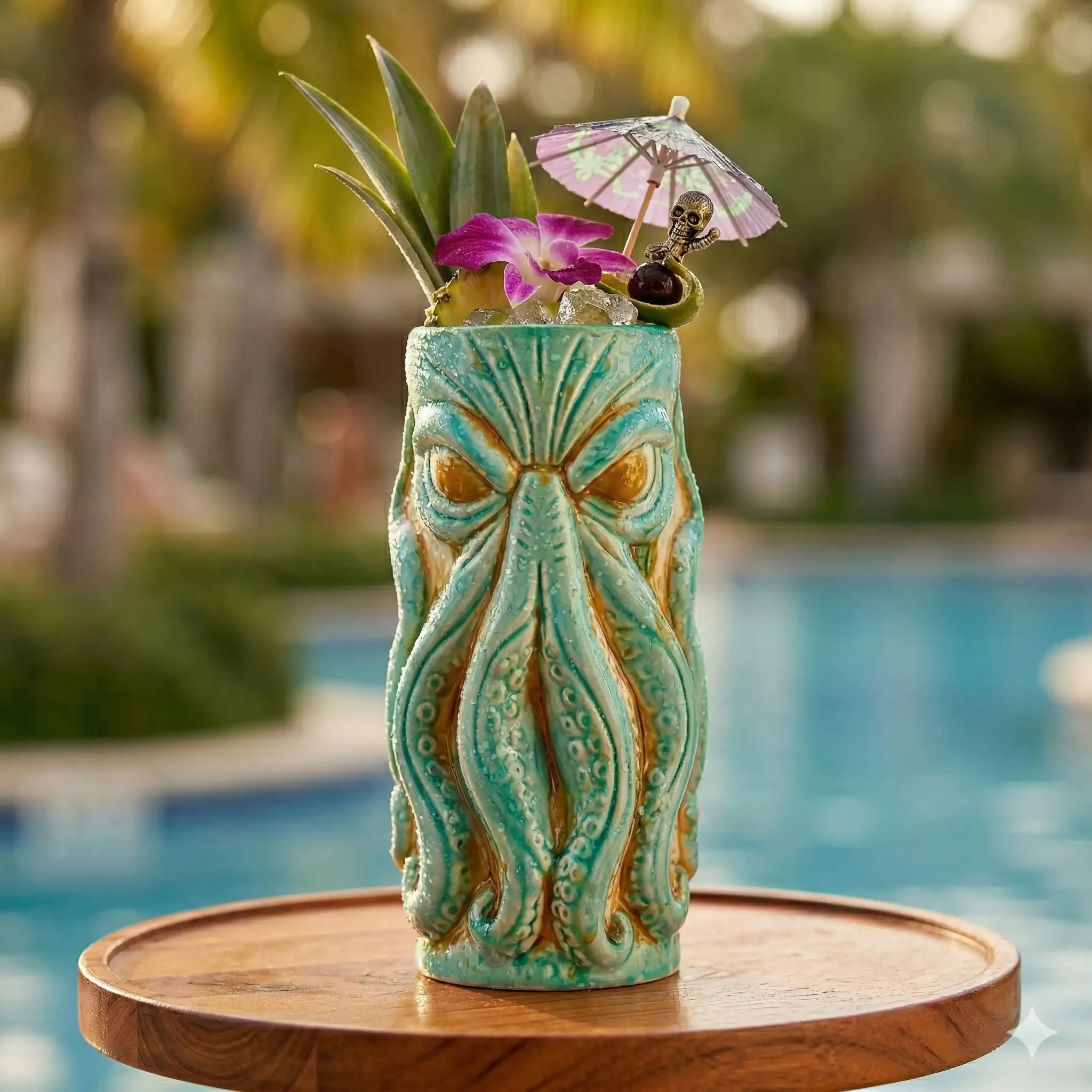 The Kraken tiki glass on a wooden table next to a pool in on a tropical resort.