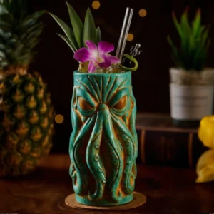 18 oz hand-glazed octopus sea-beast tiki mug on a home bar