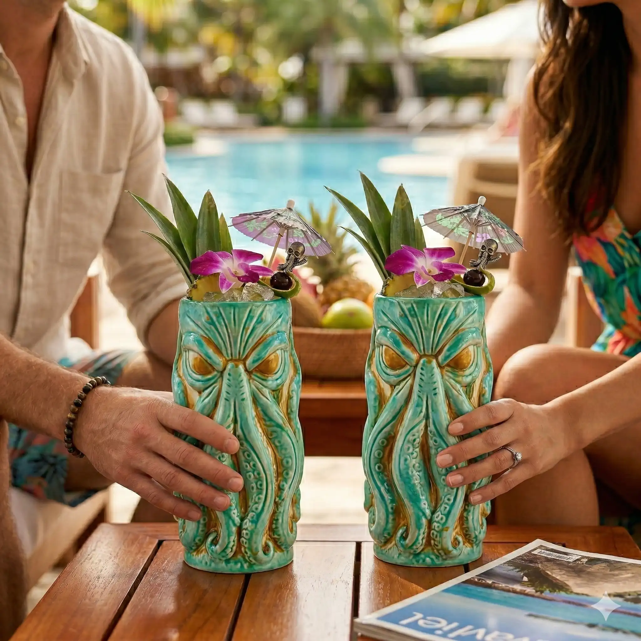 couple having tropical beverages in their matching Kraken style tiki mugs that hold 18 ounces.