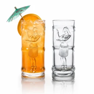 Heavy 16 oz clear glass tiki glass with raised hula dancer and weighted base